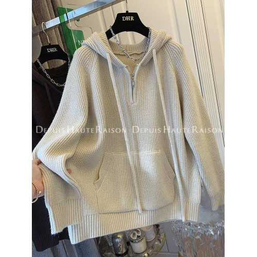 2-300斤大碼設計感半拉鍊連帽毛衣女秋冬胖mm寬松慵懶風針織外套