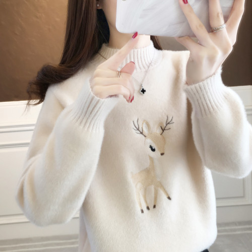 2025刺綉毛衣女大童初中高中半高領學院風百搭卡通甜美針織少女裝