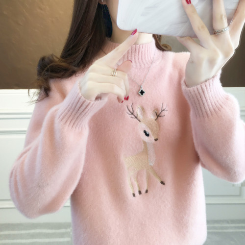 2025刺綉毛衣女大童初中高中半高領學院風百搭卡通甜美針織少女裝