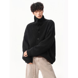 美式深灰色高領毛衣男秋冬新款慵懶風寬松休閒針織衫復古套頭外套