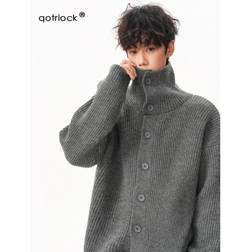 美式深灰色高領毛衣男秋冬新款慵懶風寬松休閒針織衫復古套頭外套