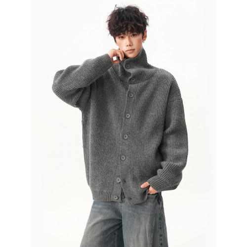 美式深灰色高領毛衣男秋冬新款慵懶風寬松休閒針織衫復古套頭外套
