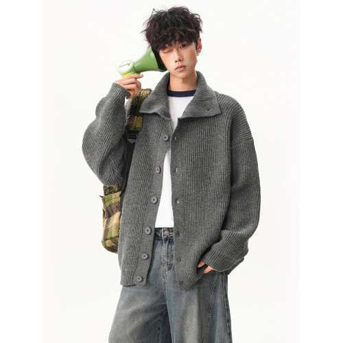 美式深灰色高領毛衣男秋冬新款慵懶風寬松休閒針織衫復古套頭外套