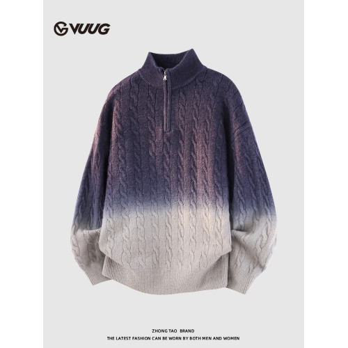 VUUG日系慵懶風麻花毛衣男士秋冬季新款漸變色保暖打底男生針織衫