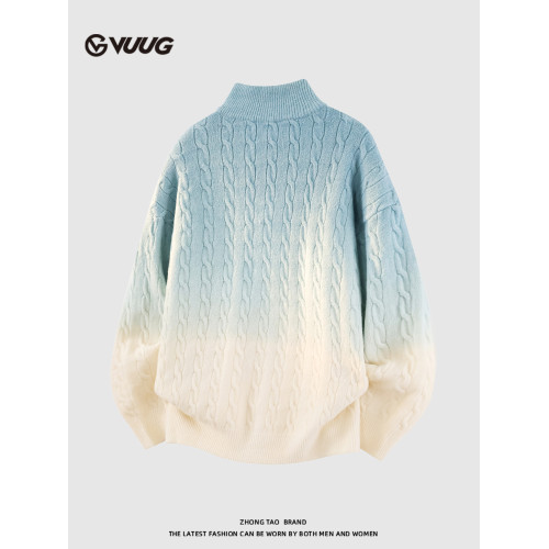 VUUG日系慵懶風麻花毛衣男士秋冬季新款漸變色保暖打底男生針織衫