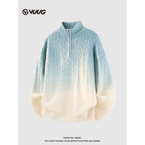 VUUG日系慵懶風麻花毛衣男士秋冬季新款漸變色保暖打底男生針織衫