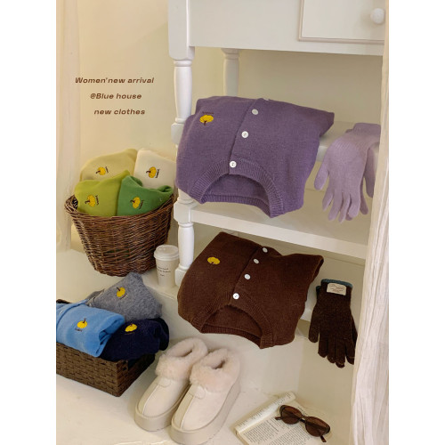 韓國色系小南瓜刺綉圓領針織開衫毛衣女秋冬洋氣溫柔小衆上衣外套