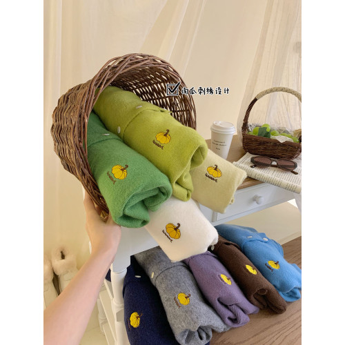 韓國色系小南瓜刺綉圓領針織開衫毛衣女秋冬洋氣溫柔小衆上衣外套