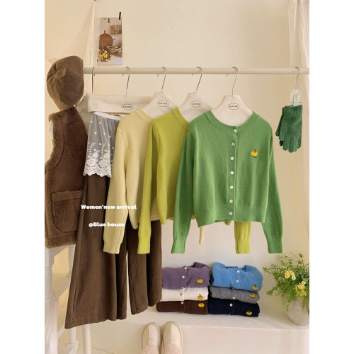 韓國色系小南瓜刺綉圓領針織開衫毛衣女秋冬洋氣溫柔小衆上衣外套