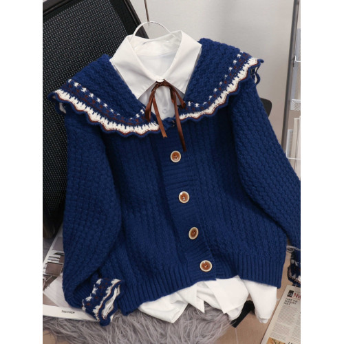 初中生女秋裝娃娃領毛衣外套學院風小個子短款針織開衫小個子學生