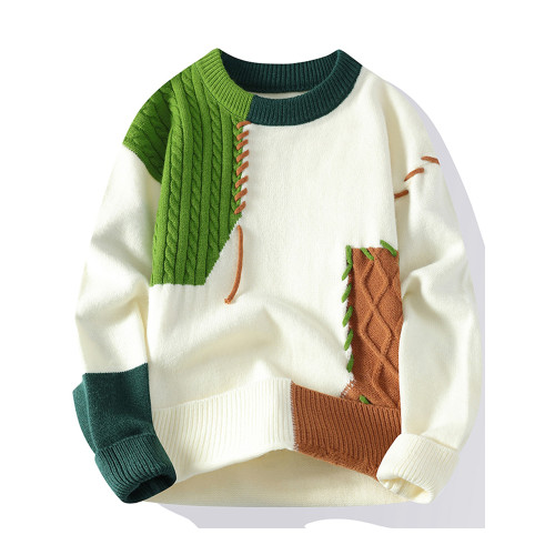 設計感毛衣男款學生秋冬季潮牌加絨加厚圓領針織打底衫拼色青少年