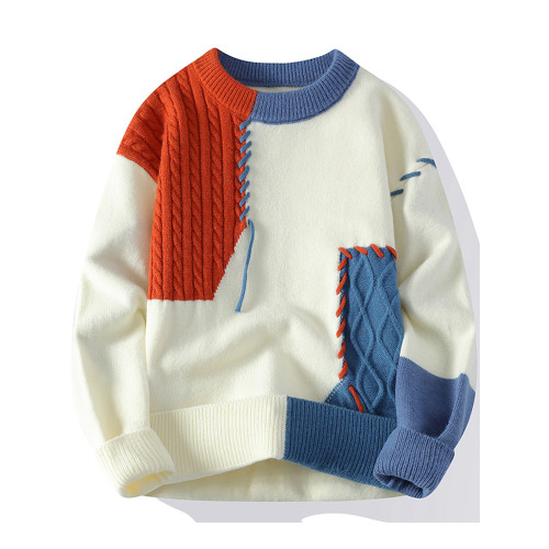 設計感毛衣男款學生秋冬季潮牌加絨加厚圓領針織打底衫拼色青少年