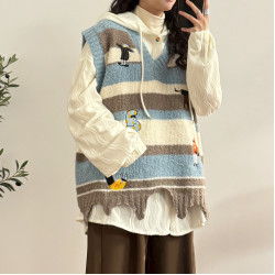 UATONLINE2025冬日系復古卡通V領不規則下擺針織衫毛衣馬甲背心女