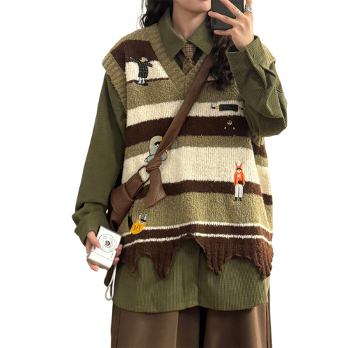 UATONLINE2025冬日系復古卡通V領不規則下擺針織衫毛衣馬甲背心女