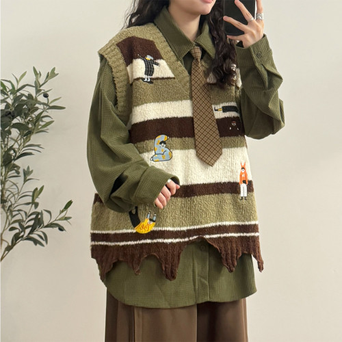 UATONLINE2025冬日系復古卡通V領不規則下擺針織衫毛衣馬甲背心女