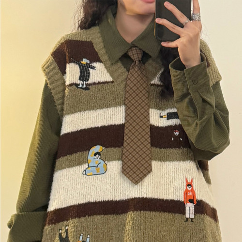 UATONLINE2025冬日系復古卡通V領不規則下擺針織衫毛衣馬甲背心女