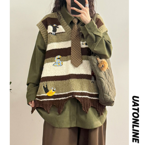 UATONLINE2025冬日系復古卡通V領不規則下擺針織衫毛衣馬甲背心女