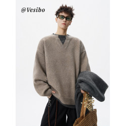 老錢風復古V領針織衫男冬假兩件拼接慵懶風毛衣寬松百搭情侶上衣