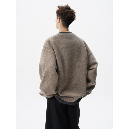 老錢風復古V領針織衫男冬假兩件拼接慵懶風毛衣寬松百搭情侶上衣