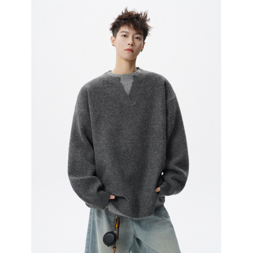 老錢風復古V領針織衫男冬假兩件拼接慵懶風毛衣寬松百搭情侶上衣