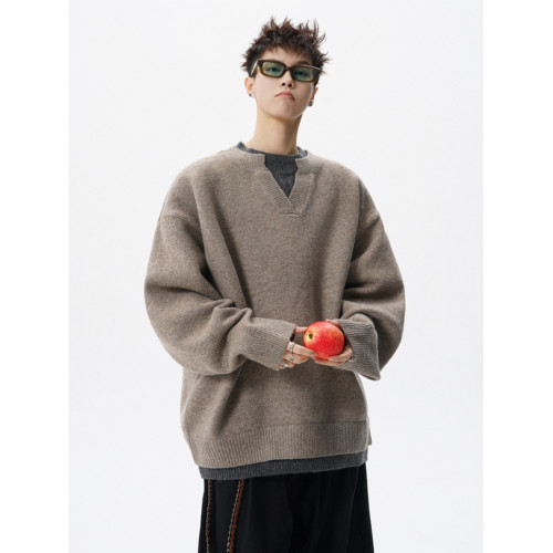 老錢風復古V領針織衫男冬假兩件拼接慵懶風毛衣寬松百搭情侶上衣