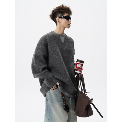 老錢風復古V領針織衫男冬假兩件拼接慵懶風毛衣寬松百搭情侶上衣