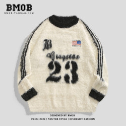 BMOB美式復古提花情侶毛衣男女秋季保暖高街慵懶設計感套頭針織衫