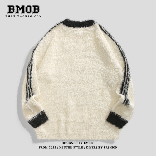 BMOB美式復古提花情侶毛衣男女秋季保暖高街慵懶設計感套頭針織衫
