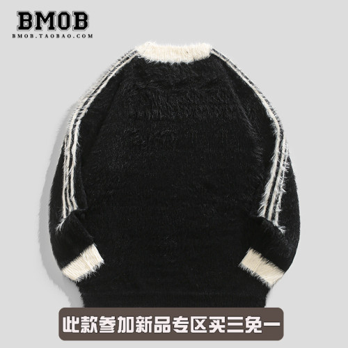 BMOB美式復古提花情侶毛衣男女秋季保暖高街慵懶設計感套頭針織衫