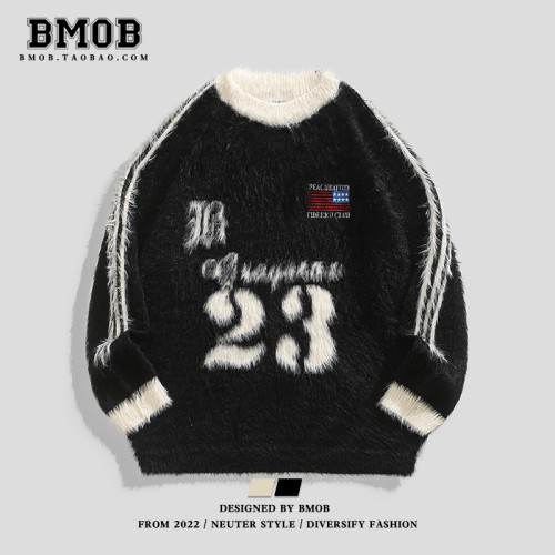 BMOB美式復古提花情侶毛衣男女秋季保暖高街慵懶設計感套頭針織衫
