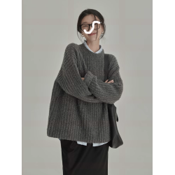 復古灰色圓領毛衣女套頭秋冬寬松慵懶軟糯外穿內搭百搭加厚針織衫