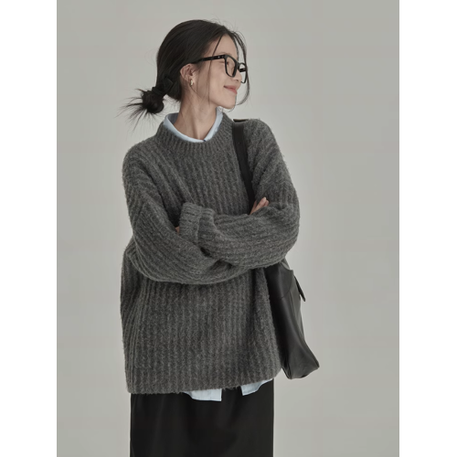 復古灰色圓領毛衣女套頭秋冬寬松慵懶軟糯外穿內搭百搭加厚針織衫