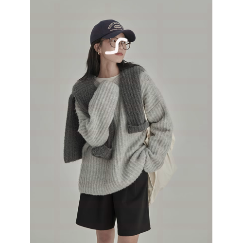 復古灰色圓領毛衣女套頭秋冬寬松慵懶軟糯外穿內搭百搭加厚針織衫