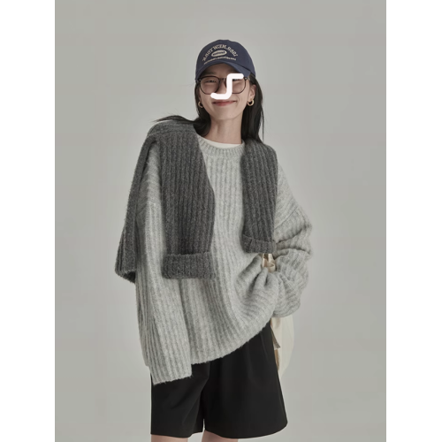 復古灰色圓領毛衣女套頭秋冬寬松慵懶軟糯外穿內搭百搭加厚針織衫