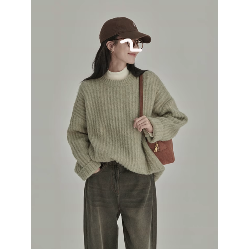 復古灰色圓領毛衣女套頭秋冬寬松慵懶軟糯外穿內搭百搭加厚針織衫