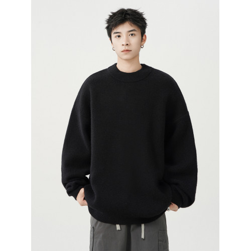 日系純色重磅圓領毛衣男秋冬季新款寬松慵懶風百搭套頭針織衫線衣