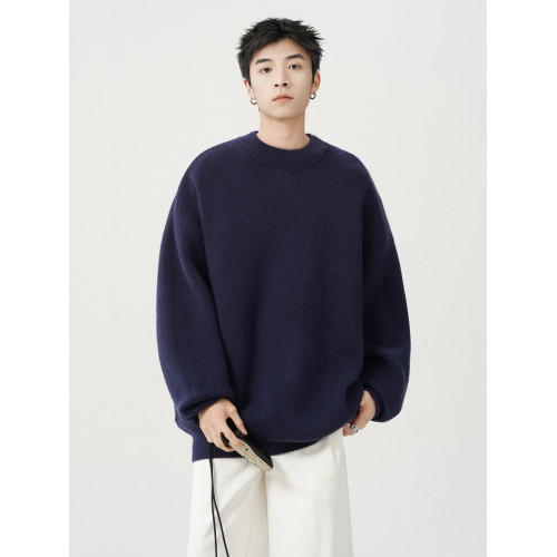 日系純色重磅圓領毛衣男秋冬季新款寬松慵懶風百搭套頭針織衫線衣