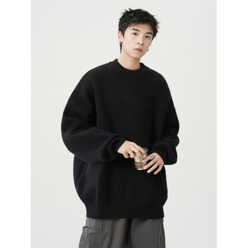 日系純色重磅圓領毛衣男秋冬季新款寬松慵懶風百搭套頭針織衫線衣