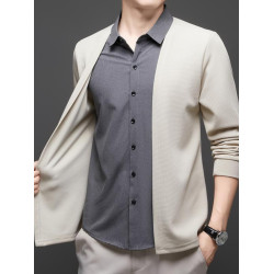 啄木鳥男士新款長袖襯衫領假兩件寬松舒適中年爸爸裝上衣針織開衫