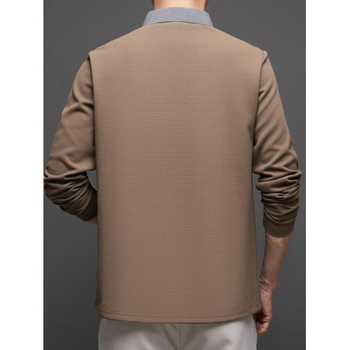 啄木鳥男士新款長袖襯衫領假兩件寬松舒適中年爸爸裝上衣針織開衫