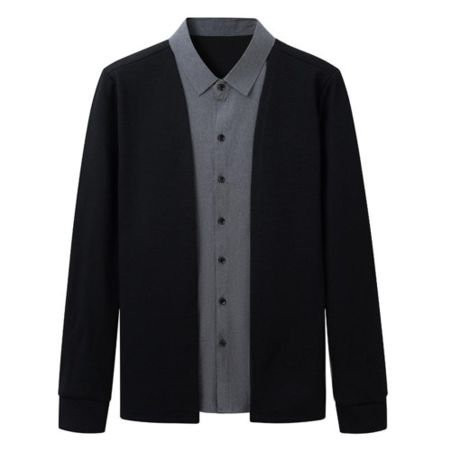 啄木鳥男士新款長袖襯衫領假兩件寬松舒適中年爸爸裝上衣針織開衫