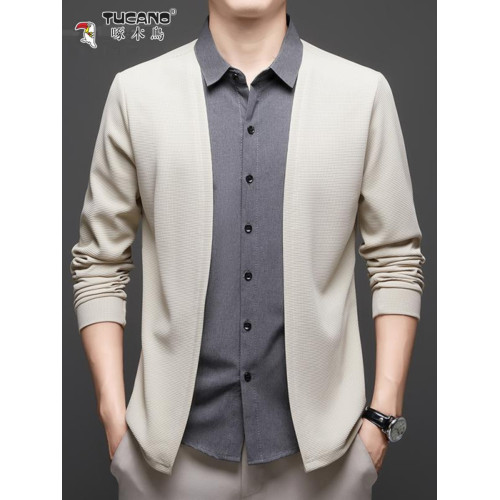 啄木鳥男士新款長袖襯衫領假兩件寬松舒適中年爸爸裝上衣針織開衫