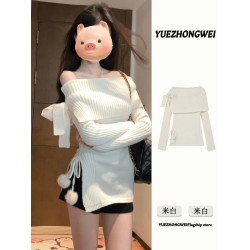 白色一字肩毛衣女秋冬季外穿韓系穿搭中長款慵懶風露肩針織衫上衣