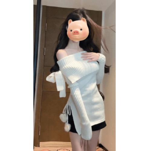 白色一字肩毛衣女秋冬季外穿韓系穿搭中長款慵懶風露肩針織衫上衣