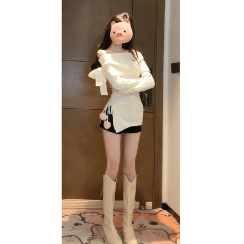 白色一字肩毛衣女秋冬季外穿韓系穿搭中長款慵懶風露肩針織衫上衣