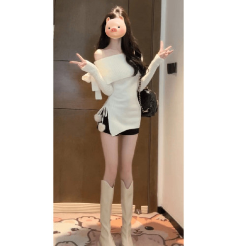 白色一字肩毛衣女秋冬季外穿韓系穿搭中長款慵懶風露肩針織衫上衣