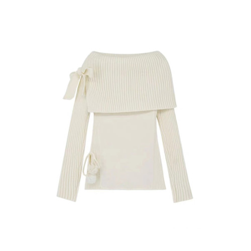 白色一字肩毛衣女秋冬季外穿韓系穿搭中長款慵懶風露肩針織衫上衣