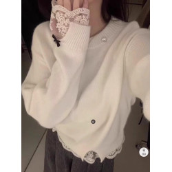 高級感白色蕾絲拼接浣熊絨毛衣女秋冬小個子寬松短款軟糯針織上衣