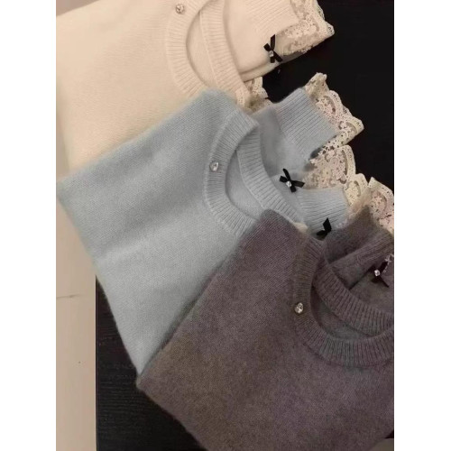 高級感白色蕾絲拼接浣熊絨毛衣女秋冬小個子寬松短款軟糯針織上衣