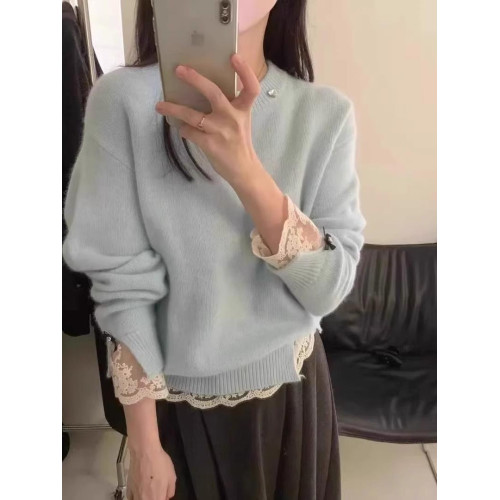 高級感白色蕾絲拼接浣熊絨毛衣女秋冬小個子寬松短款軟糯針織上衣